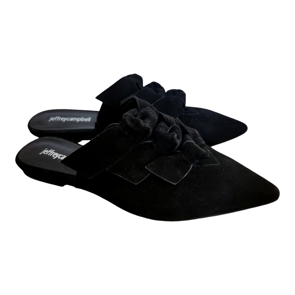Jeffrey Campbell Charly Women Black Suede Slip On 3 Bows Pointy Flat Mules sz 7